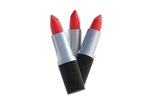 白い背景に3本の赤い口紅 3Dレンダリング — ストック写真