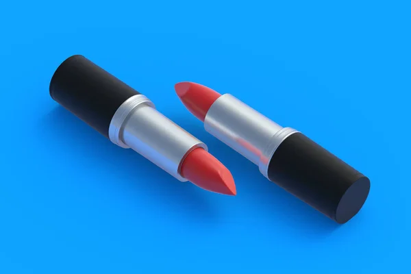 青い背景に2本の口紅 化粧品アクセサリー メイクアップツール 3Dレンダリング — ストック写真