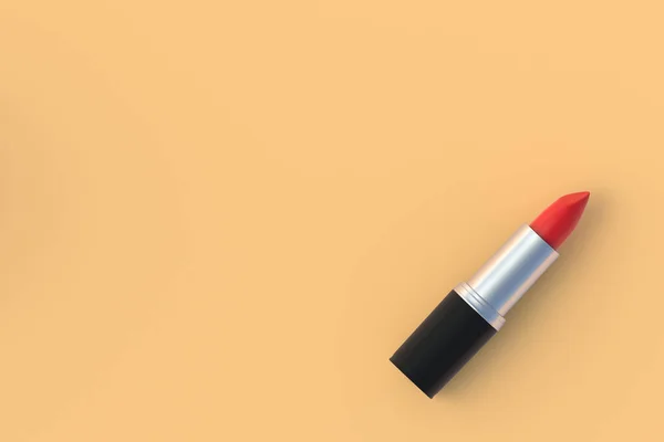 Een Rode Lippenstift Beige Achtergrond Cosmetische Accessoires Make Gereedschap Bovenaanzicht — Stockfoto