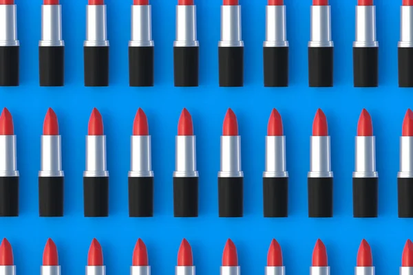 蓝色背景上的一排排口红 化妆品配件 化妆工具 化妆工具3D渲染 — 图库照片