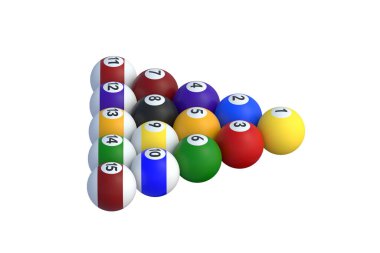 Beyaz arka planda izole edilmiş üçgen şeklinde bilardo topları. 3d hazırlayıcı