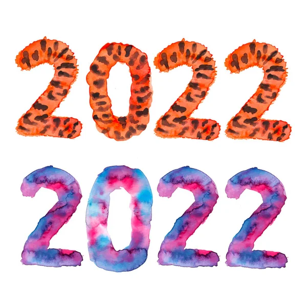 Suluboya çizimi. Yeni yıl için kaplan dokusuyla 2022 yazılıydı. Yeni yıl, Noel, tatil