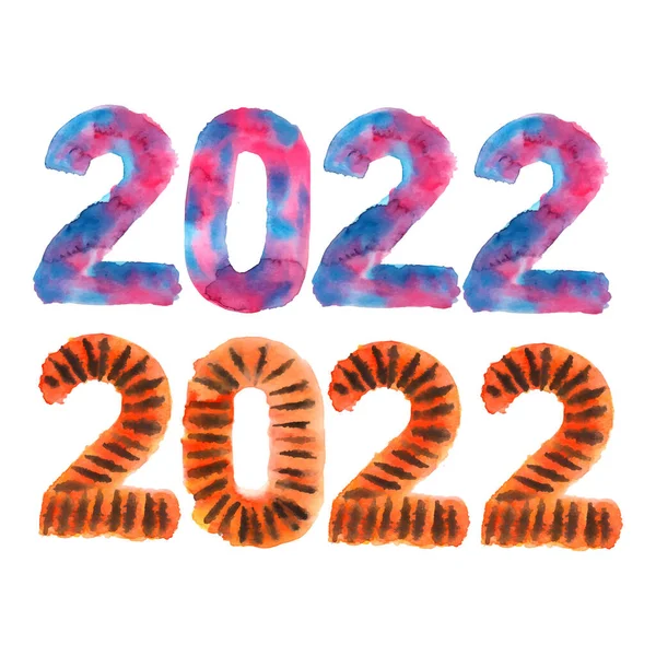 Suluboya çizimi. Yeni yıl için kaplan dokusuyla 2022 yazılıydı. Yeni yıl, Noel, tatil