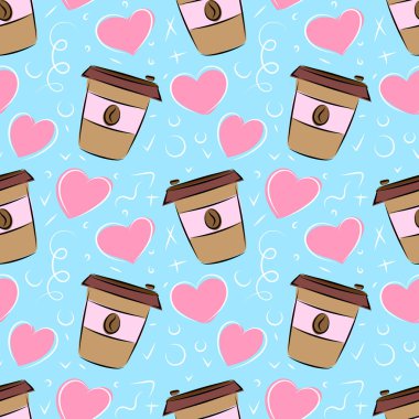 Elle çizilmiş kahve ve kalplerle kusursuz şirin bir desen. Her proje için iyidir..