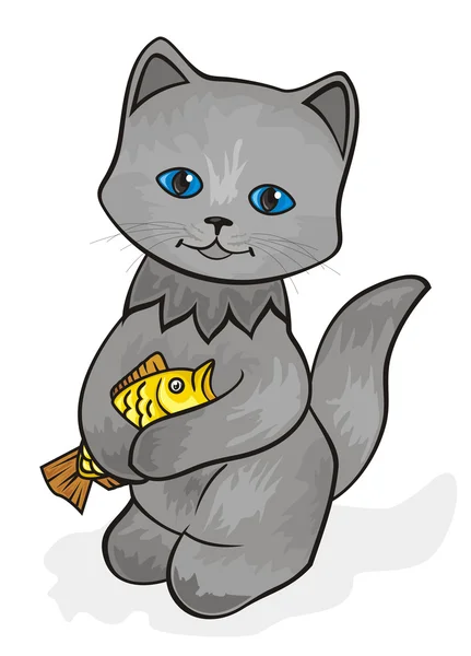 El gato con un pez. Con color — Vector de stock