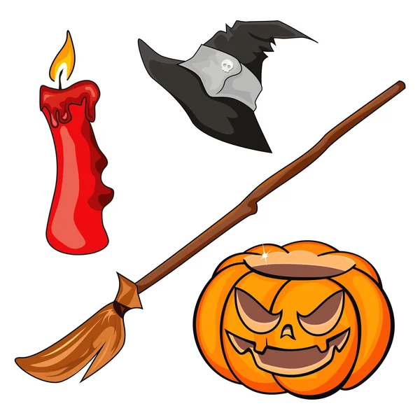 Candle, pumpkin, besom and cap — Stock Vector