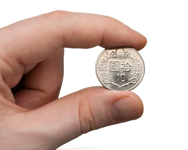 Holding a 10 NT Dollar Coin — Stock Photo, Image