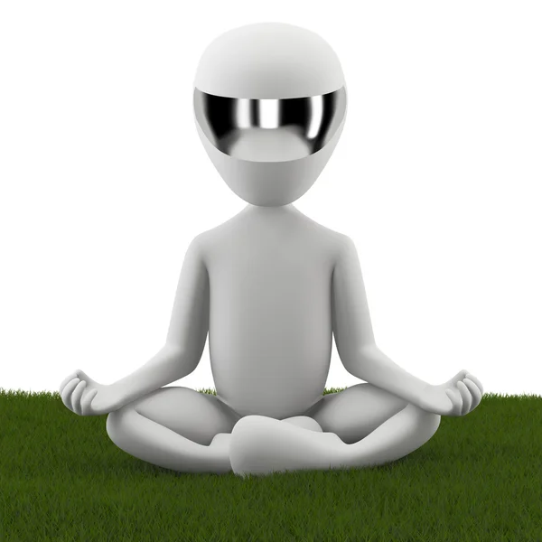 3d küçük kişi yeşil çimenlerin üzerinde bir lotus pozisyonda oturuyor.