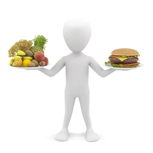 3d adam tutarak meyve ve hamburger. 3D görüntü.
