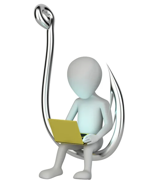 3d small person with a laptop hooked. — Stock Photo, Image