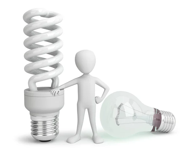 3d small person - normal and saver Lightbulb. — Stock Photo, Image