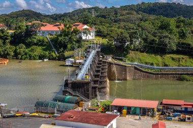 View of the Miraflores Locks. Giant locks allow huge ships to pass through the Panama Canal.