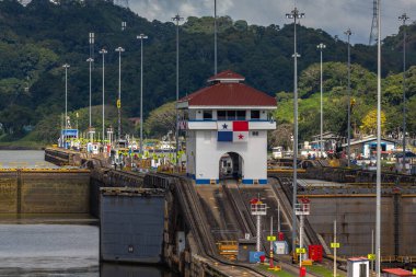 View of the Miraflores Locks. Giant locks allow huge ships to pass through the Panama Canal.