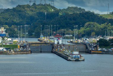View of the Miraflores Locks. Giant locks allow huge ships to pass through the Panama Canal.