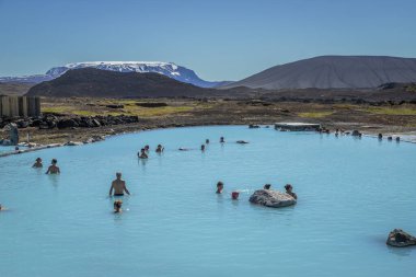 Exposure of the Beautiful Lagoon in the Myvatn Nature Baths, where bathers enjoy the hot thermal water