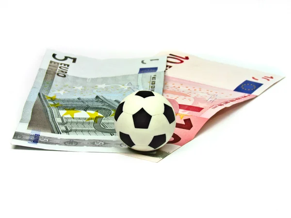 Soccer Ball in note 5 to 10 euros — Stock Photo, Image