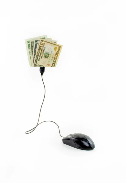 Mouse connected to dollar bills — Stock Photo, Image