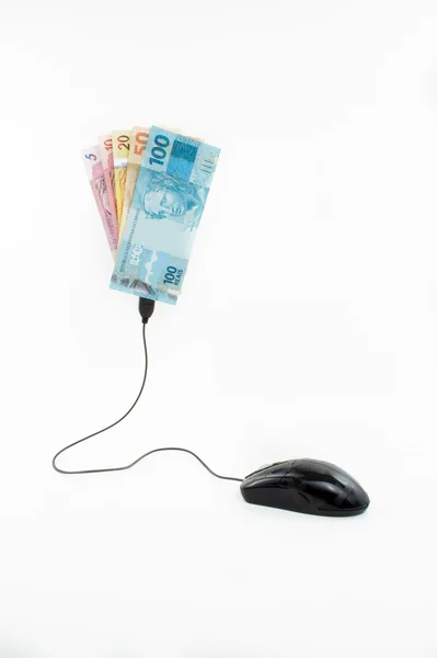 Mouse connected to Brazilian banknotes — Stock Photo, Image