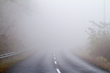 Sonbahar sisinde asfalt yol