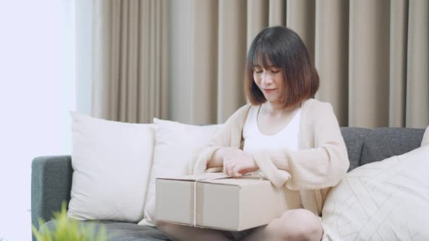 Female Received Parcel Box Online Shopping Store Delivery Home — Vídeos de Stock