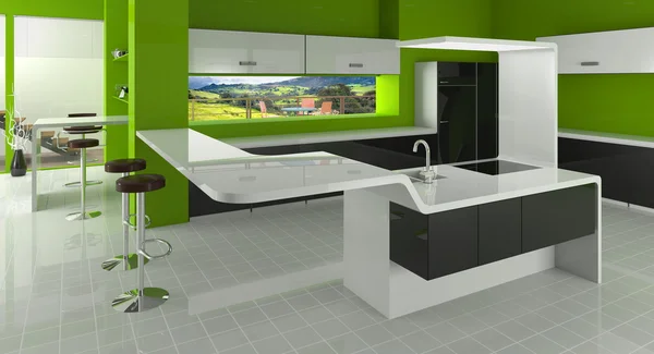 Modern kitchen in green, black and white colors — Stock Photo, Image