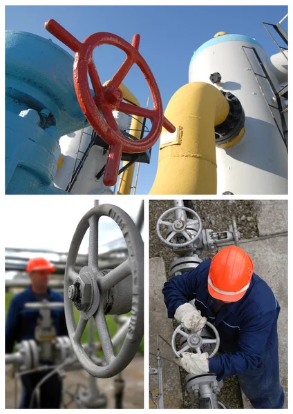 Image set: gas station equipment and worker — Stock Photo, Image