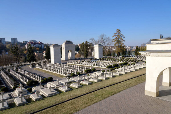 LVIV, UKRAINE - NOVEMBER 1, 2021: View of Polish military cemetery (Cmentarz Orlat) in Lychakiv Cemetery in western ukrainian city Lviv