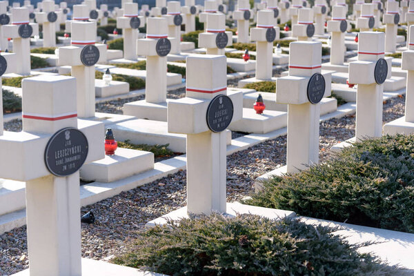 LVIV, UKRAINE - NOVEMBER 1, 2021: View of Polish military cemetery (Cmentarz Orlat) in Lychakiv Cemetery in western ukrainian city Lviv