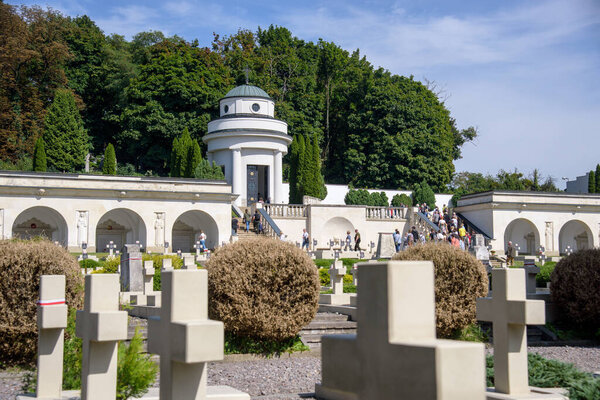 Lviv, Ukraine - September 07, 2021: View of Polish military cemetery (Cmentarz Orlat) in Lychakiv Cemetery in western ukrainian city Lviv