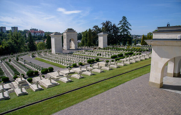 Lviv, Ukraine - September 07, 2021: View of Polish military cemetery (Cmentarz Orlat) in Lychakiv Cemetery in western ukrainian city Lviv