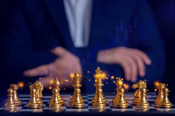 Businessman Hand Holds Bright Gold King Chess Piece Use Your — Stock Photo, Image