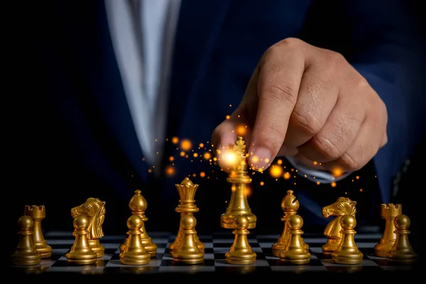 Businessman Holding Shining Golden Chess Use Competitor Business Strategy Future — Stock Photo, Image