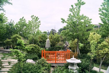Japon parkındaki kırmızı köprü Tiflis 'teki botanik bahçesinde.