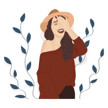 Şapkalı kız. Düz bir şekilde vektör illüstrasyonu.