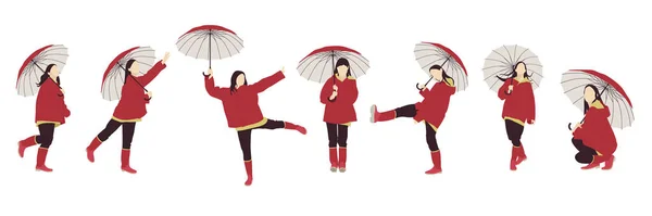 Набор Девушек Зонтиком Разных Позах Векторная Иллюстрация — стоковый вектор