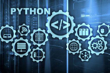 Python programlama dili sunucu Oda arka plan üzerinde. İş akışı soyut algoritma kavramı sanal ekran üzerinde programlama.