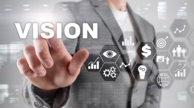 Vizyon kavramı. İş adamları ve arka plan üzerinde modern şehir. Sanal ekran karışık teknik.