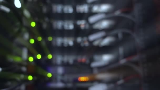 Optical server blurred background, flashing LED lights — Stock Video