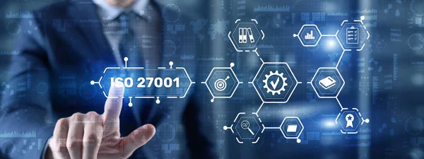 ISO 27001. Internationale norm voor informatiebeveiliging. Concept van ISO-normen kwaliteitscontrole garantie — Stockfoto