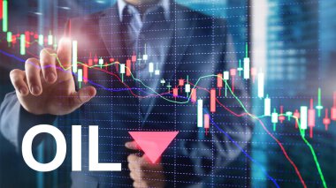 Petrol trendi düştü. Mum grafik Petrol varil ve soyut iş arka plan üzerinde bir mali grafik. Fiyat petrol aşağı. Namlu ok aşağı.