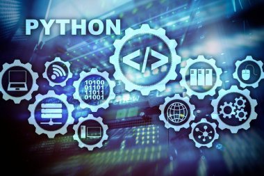 Python programlama dili sunucu Oda arka plan üzerinde. İş akışı soyut algoritma kavramı sanal ekran üzerinde programlama.