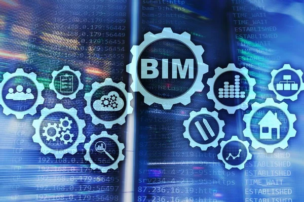 Bina Bilgileri Modelleme. Sanal ekranda sunucu veri merkezi arkaplanlı BIM.
