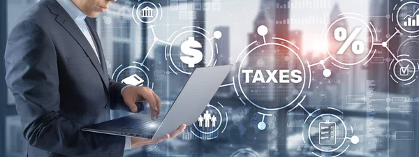 Begrip belastingen betaald door particulieren en bedrijven zoals BTW, inkomstenbelasting en onroerendgoedbelasting. Achtergrond voor uw bedrijf — Stockfoto
