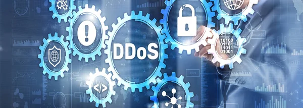Man klickar på virtuell skärm med text DDoS Cyber Attack — Stockfoto