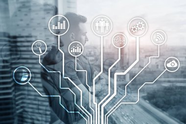 Soyut arka planda iş simgeleri. Finansal internet teknolojisi kavramı