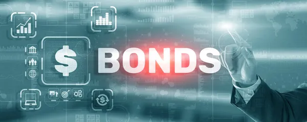 사업가는 채권 가상 화면을 클릭합니다. Bond Finance Banking Technology 의 약자이다. 무역 시장 네트워크 — 스톡 사진