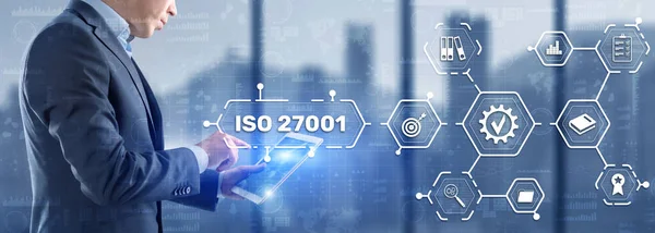 ISO 27001. Międzynarodowy standard bezpieczeństwa informacji. Koncepcja norm ISO Gwarancja kontroli jakości — Zdjęcie stockowe