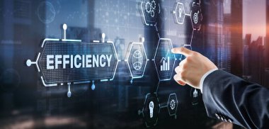 Verimlilik. İş adamı sanal ekrandaki yazıya basar