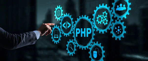 Empresario está presionando en la pantalla virtual php — Foto de Stock