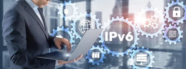 IPv6 。商界人士按下触摸屏界面，选择图标互联网协议 — 图库照片